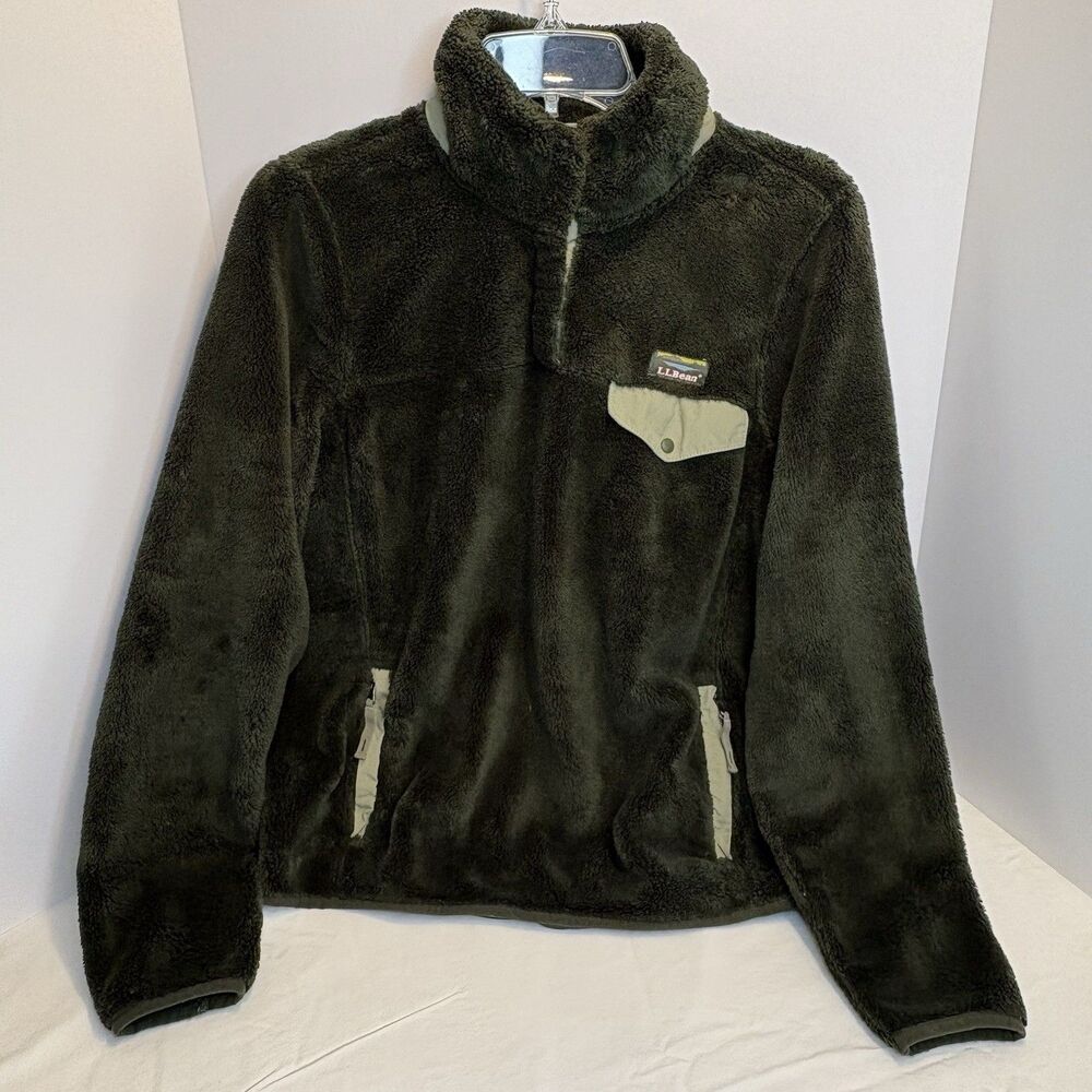 LL Bean Women Sweater Medium Green High Pile Fleece Pullover Sweatshirt Outdoors